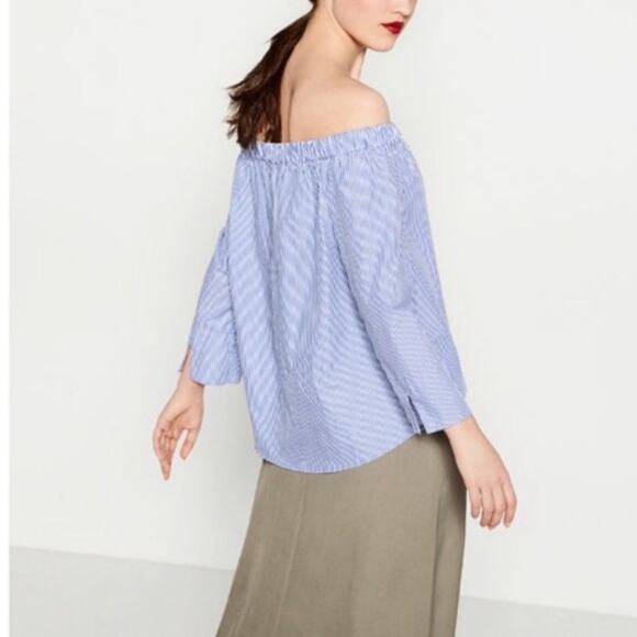 Zara Tops - Zara Blue & White Pinstripe Off the Shoulder Blouse XS